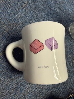 White Mug with Pink & Purple Petit Fours Design